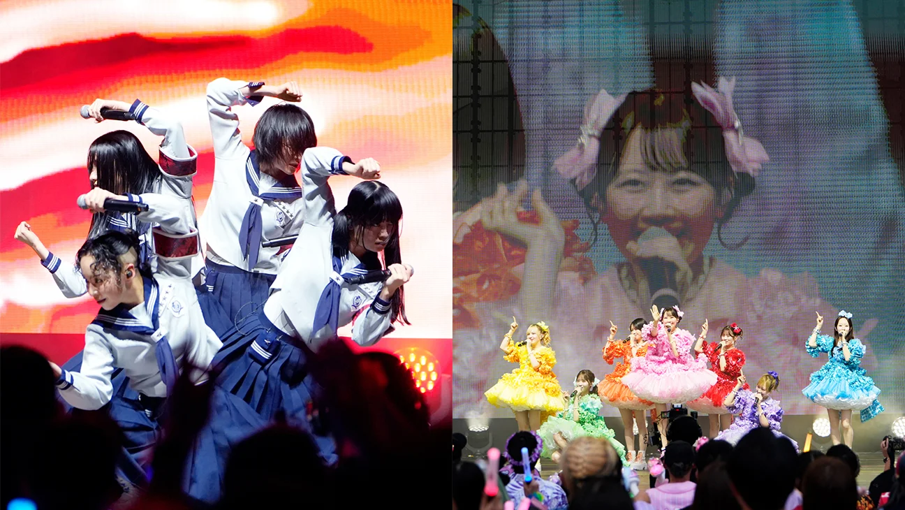 Atarashii Gakko! (left) and Fruits Zipper (right) performing onstage.